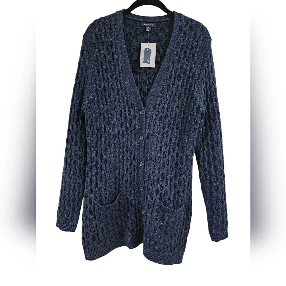 NEW! LANDS END navy blue/silver button down cardigan, chunky knit, size M/10-12